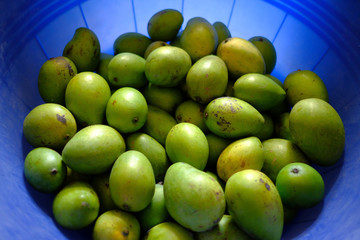 Close up of ripe mango in a bowl.