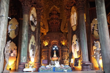 Sanctuary of Truth (or Prasat Sajja Tham) is religious sanctuary under construction, its all wood building filled with traditional sculptures in Pattaya, Thailand