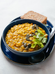 Home made bowl with a yellow split pea soup