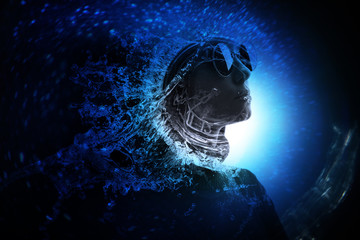 Double exposure of female face in glasses, clock, water and galaxy. Abstract woman portrait. Digital art. Concept of life time. The universe inside us.