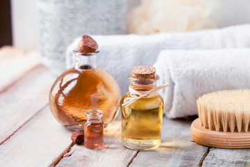 Concept of using natural oil in cosmetology. Moisturizing skin care and aromatherapy. Gentle body...