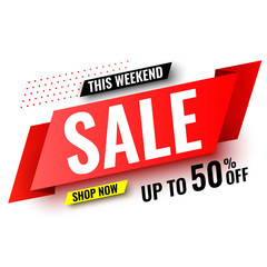 This weekend sale banner, up to 50% off. Red ribbon. Vector illustration.