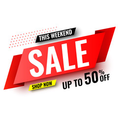 This weekend sale banner, up to 50% off. Red ribbon. Vector illustration.