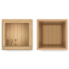 Realistic Detailed 3d Wooden Box Open and Closed View Set. Vector