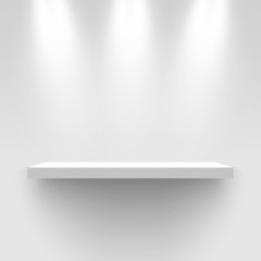 White exhibition stand, illuminated by spotlights. Pedestal. Rectangular shelf. Vector illustration.