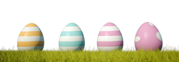 Row of Easter eggs on grass with a white background - 3D illustration