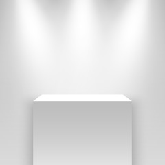 White exhibition stand, illuminated by spotlights. Pedestal. Vector illustration.