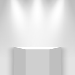White exhibition stand with spotlights. Pedestal. Vector illustration.