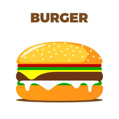 Burger on white background. Emblem for cafe. Vector illustration.