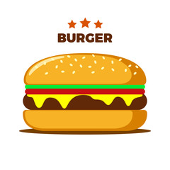 Burger on white background. Emblem for cafe. Vector illustration.
