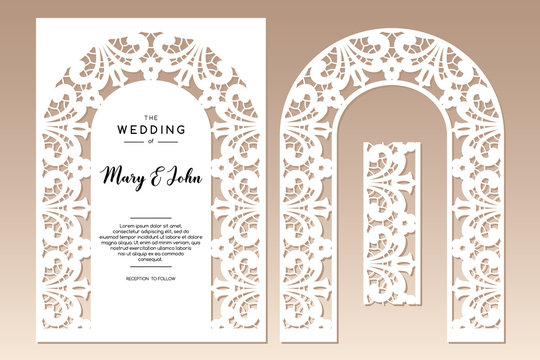 Two openwork arches with floral ethnic pattern. Laser cutting template for greeting cards, invitations, wedding decor.