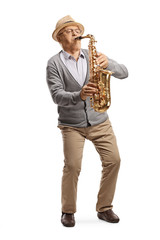 Full length portrait of an elderly musisican playing a saxophone