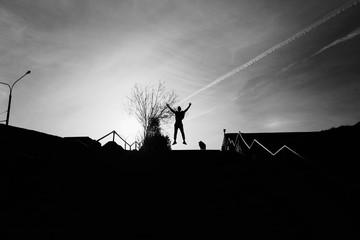 silhouette, portrait, minimalism black and white photography, man and dog
