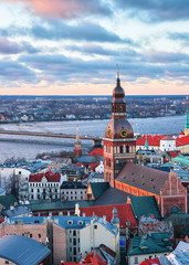 Riga Old Town Dome Cathedral Daugava River sunset - obrazy, fototapety, plakaty
