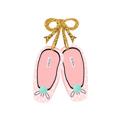 Cute print with ballet shoes and gold gitter bow. Vector hand drawn illustration.