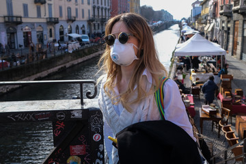 Milan, Italy, Lombardy - 25 February 2020: people in face masks to protect themselves from the corona virus epidemic on the streets of Milan