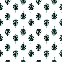 Monstera plant leaf seamless pattern. Mint and black line art doodle sketch on white background. Vector illustration for greeting cards, posters, flyers, banners, wallpaper, wrapping paper, botanical