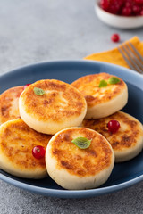 Syrniki or cottage cheese pancakes with fresh red currant. Tasty healthy breakfast.