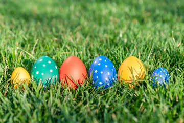 Fototapeta na wymiar our easter eggs of different colors lay on green spring grass, space for text, celebration of easter holiday, geetings concept