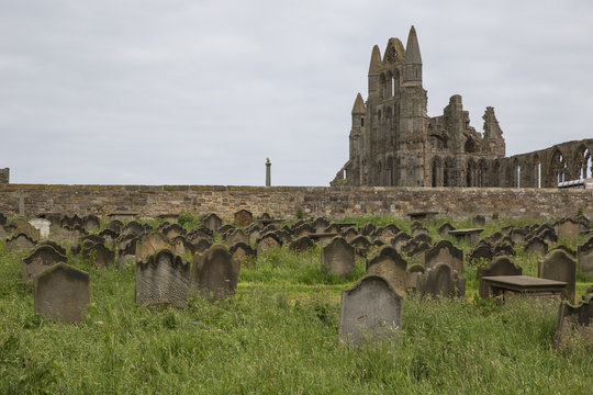 Ruins of Whitby Abbey in Yorkshire England with graveyards in the foreground