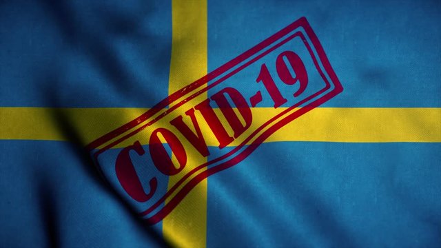 Covid-19 stamp on the national flag of Sweden. Coronavirus concept