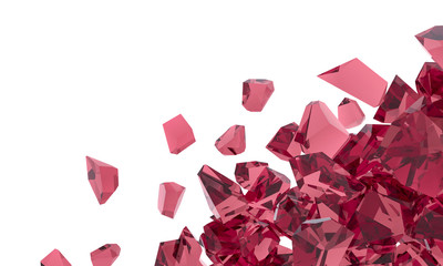 Gemstones rubies are broken. Sugar sweet lollipop cracked. Transparent stone on white background is scattered. Advertiser of precious jewelry. 3d poster illustration. Red glass shatters into pieces. 