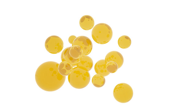 Collagen, gloss keratin oil bubbles. Skin, hair care cosmetics product. Fish oil, omega 3 for health. 3d Round medicine pills. Translucent soft gel capsule object. Natural organic advert illustration