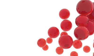 Red candies fly on white space. Chewing gum, sweets or jelly - Advertising Poster. Red blood cells microbiology. Microbes, virus sphere - 3d background illustration. Pathogenic bacteria enter blood