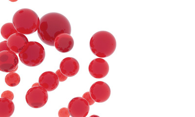 Red candies fly on white space. Chewing gum, sweets or jelly - Advertising Poster. Red blood cells microbiology. Microbes, virus sphere - 3d background illustration. Pathogenic bacteria enter blood