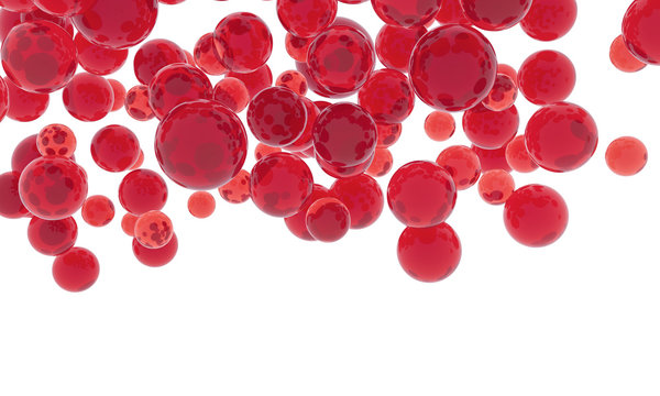Red candies fly on white space. Chewing gum, sweets or jelly - Advertising Poster. Red blood cells microbiology. Microbes, virus sphere - 3d background illustration. Pathogenic bacteria enter blood
