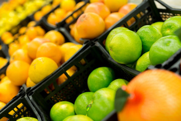 Fresh citrus are on the shelf in the store. a variety of citrus fruits. oranges, tangerines, lime, lemons. supermarket