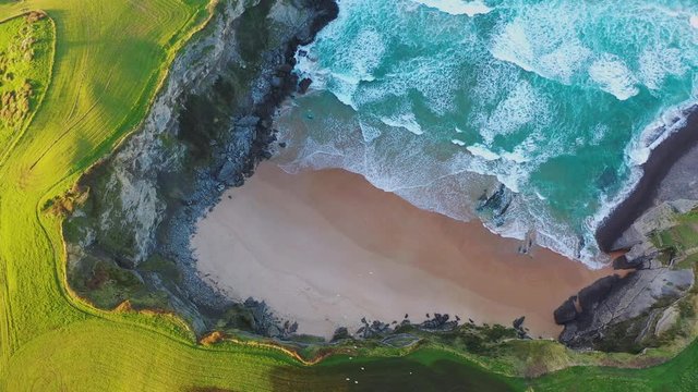 Aerial view of Antuerta beach, Ajo, Bareyo Municipality, Trasmiera Coast. Cantabrian Sea, Cantabria, Spain, Europe