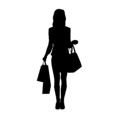 Woman holding shopping bags, isolated vector silhouette. Front view