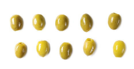 Green olives set isolated on white background
