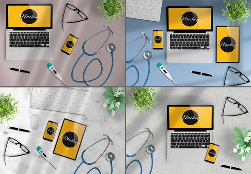Devices with Desk Accessories and Medical Equipment Scene Creator Mockup