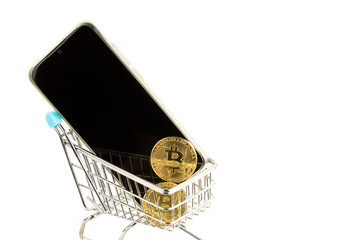 Bitcoin in the shopping cart. Payment in cryptocurrency on the Internet.
