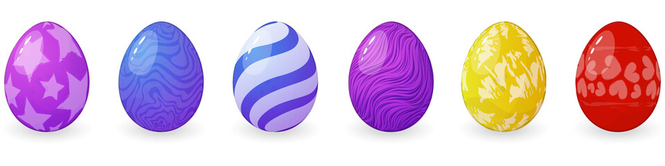 Set of vector colored Easter eggs with different textures isolated on a white background for decoration of Easter cards and greetings. Collection of cartoon eggs of different colors with highlights