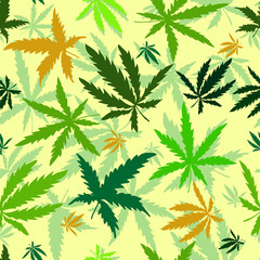 Colorful seamless pattern with hand-drawn hemp. Green cannabis leaves on a yellow background. Vector eps 10.