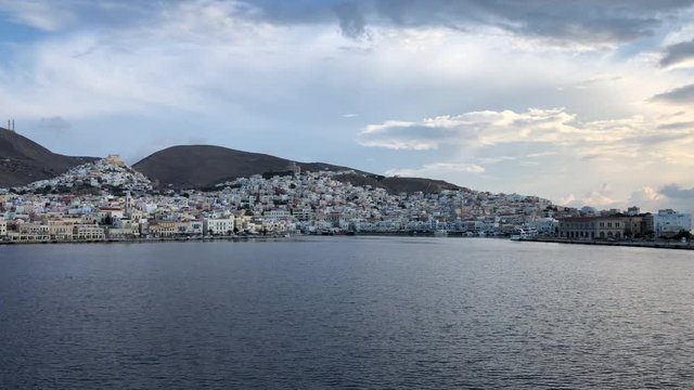 Ermoupolis port in Syros island, Greece, seen by the sea.