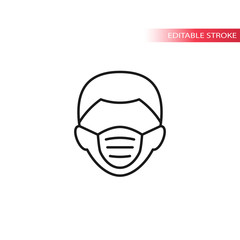 Medical mask on human head thin line vector icon. Mask on man`s face symbol. Editable stroke.