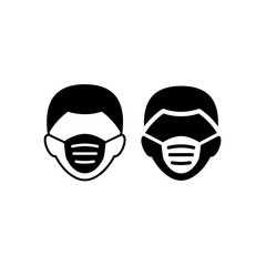 Medical mask on human head black isolated vector icon. Mask on man`s face symbol.