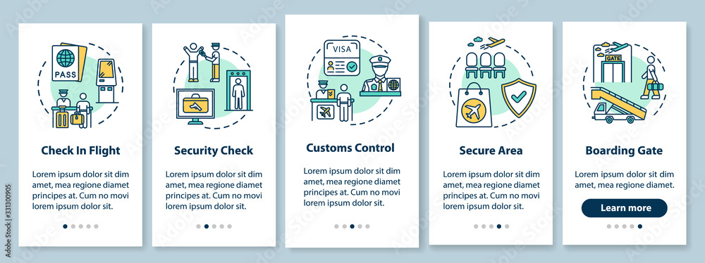 Wall mural airport guide onboarding mobile app page screen with concepts. commercial flight boarding walkthroug
