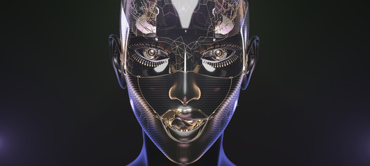 Female cyborg face, futuristic robotic art, 3d render