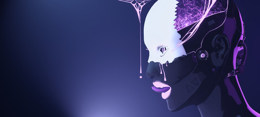 Female cyborg face with pink neon liquid drops, artificial intelligence futuristic robotic art, 3d...