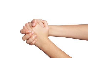 Close-up - a woman is pointing with her hand and holding her hands on a white background