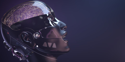 Cybernetic brain in cyborg face with golden paint on it, futuristic robotic head concept art of artificial intelligence network with copyspace, 3d render - 331301114