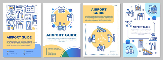 Airport guide brochure template. Security control, check in terminal flyer, booklet, leaflet print, cover design with linear icons. Vector layouts for magazines, annual reports, advertising posters