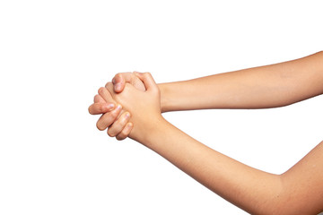 Close-up - a woman is pointing with her hand and holding her hands on a white background