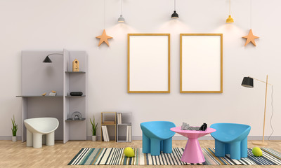 kid living room with frame for mockup and white background 3d rendering