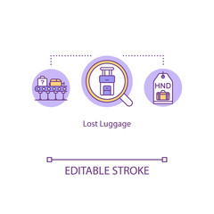 Lost baggage concept icon. Passenger personal belongings recovery idea thin line illustration. Airport conveyor belt, and baggage tag vector isolated outline RGB color drawing. Editable stroke